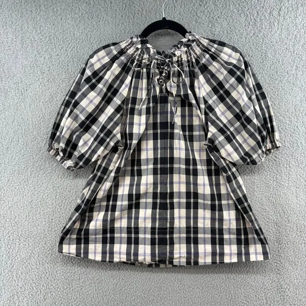 J.Crew Plaid Puff Sleeve Peasant Top Smocked Neck Cotton Blouse Small